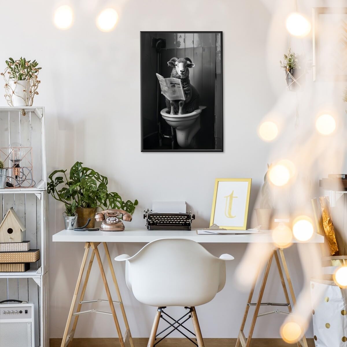 Black and White Animal wall art Funny Bathroom wall decor Sheep Sitting on Toilet Reading Newspaper Canvas Print poster Room decoration aesthetics for Rustic Farmhouse Restroom black framed8x12inch