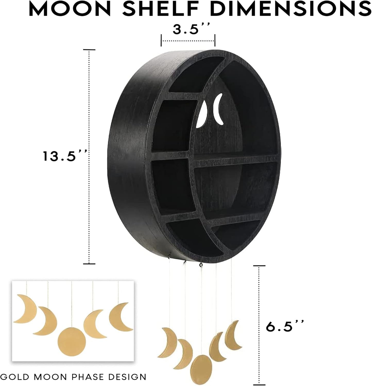 Ella & Emma Wooden Moon Shelf for Crystals - Crescent Moon Crystal Shelf, Storage & Wall Hanging Shelves for Bedroom Aesthetic, Moon Phase Wall Decor & Crystal Display Shelf, Pinewood, Black