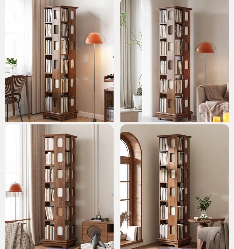 Solid Wood Rotating Bookshelf 360-degree Bookcase, Simple Space-Saving Creative Small Shelf for Living Room MINGPING (Color : 44x44x125cm Walnut Color) (44x44x132cm White)