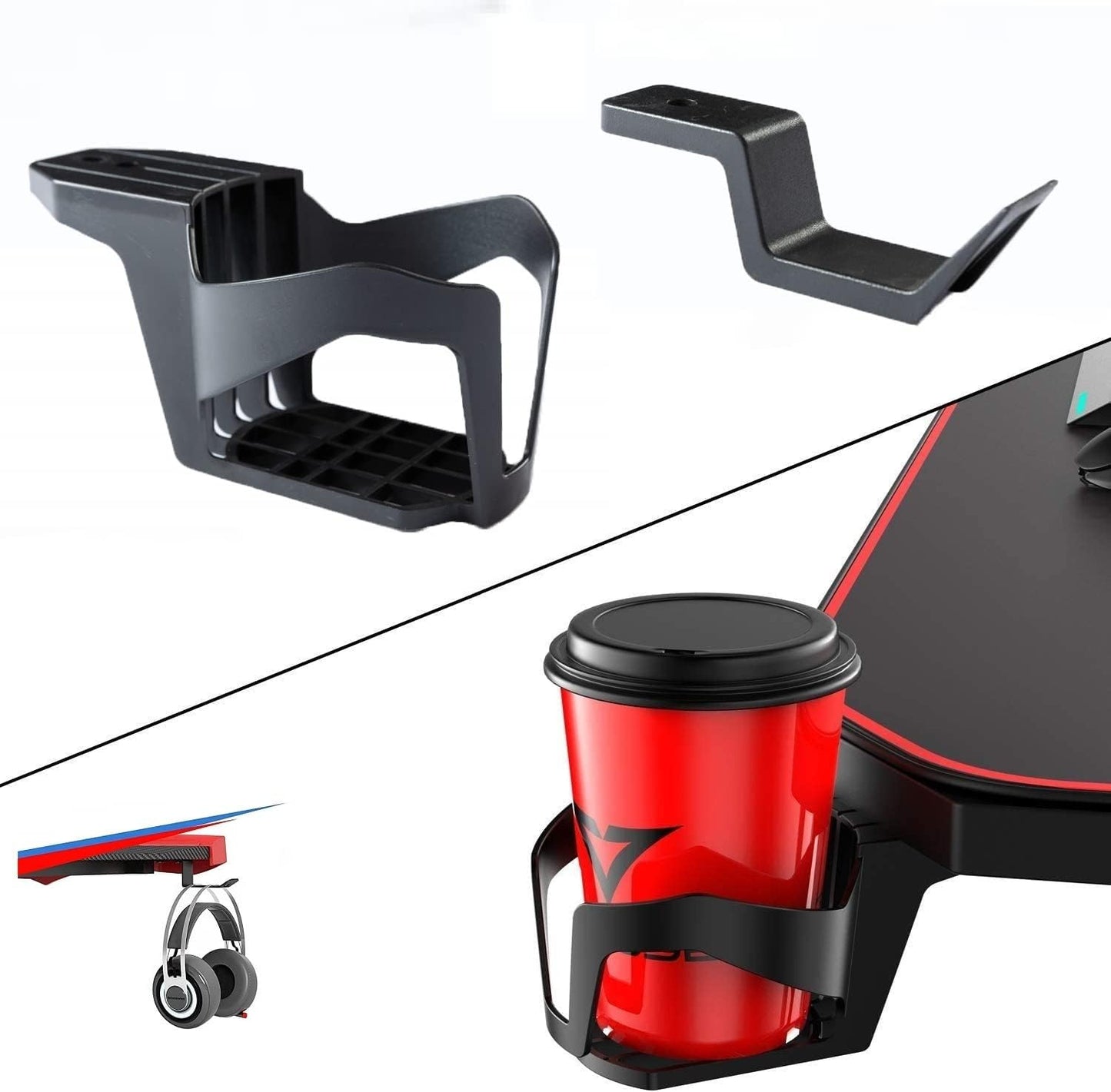 Gaming Drink Cup and Headphone Holder,Anti-Spilling Cup-Holster and Microphone Hook for Table Desk Side Bottle