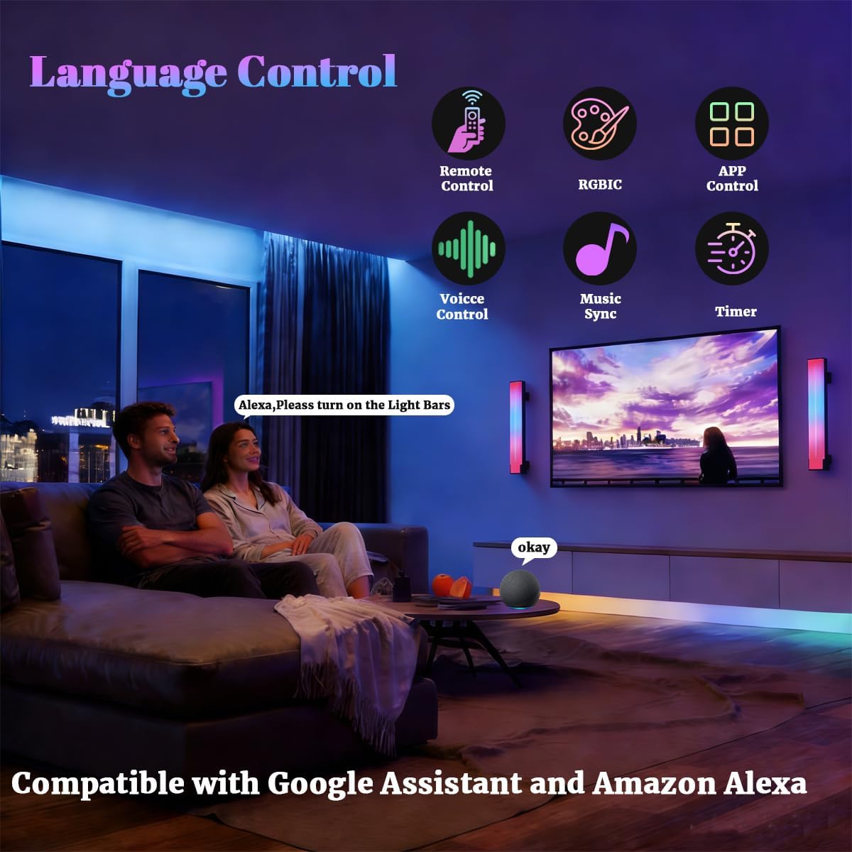 RGB Light Bar WiFi TV Backlight, Multicolor LED Game Light with App Control, Dimmable Color Changing Desktop Atmosphere Lamp for Home Office Bedroom Gaming Room