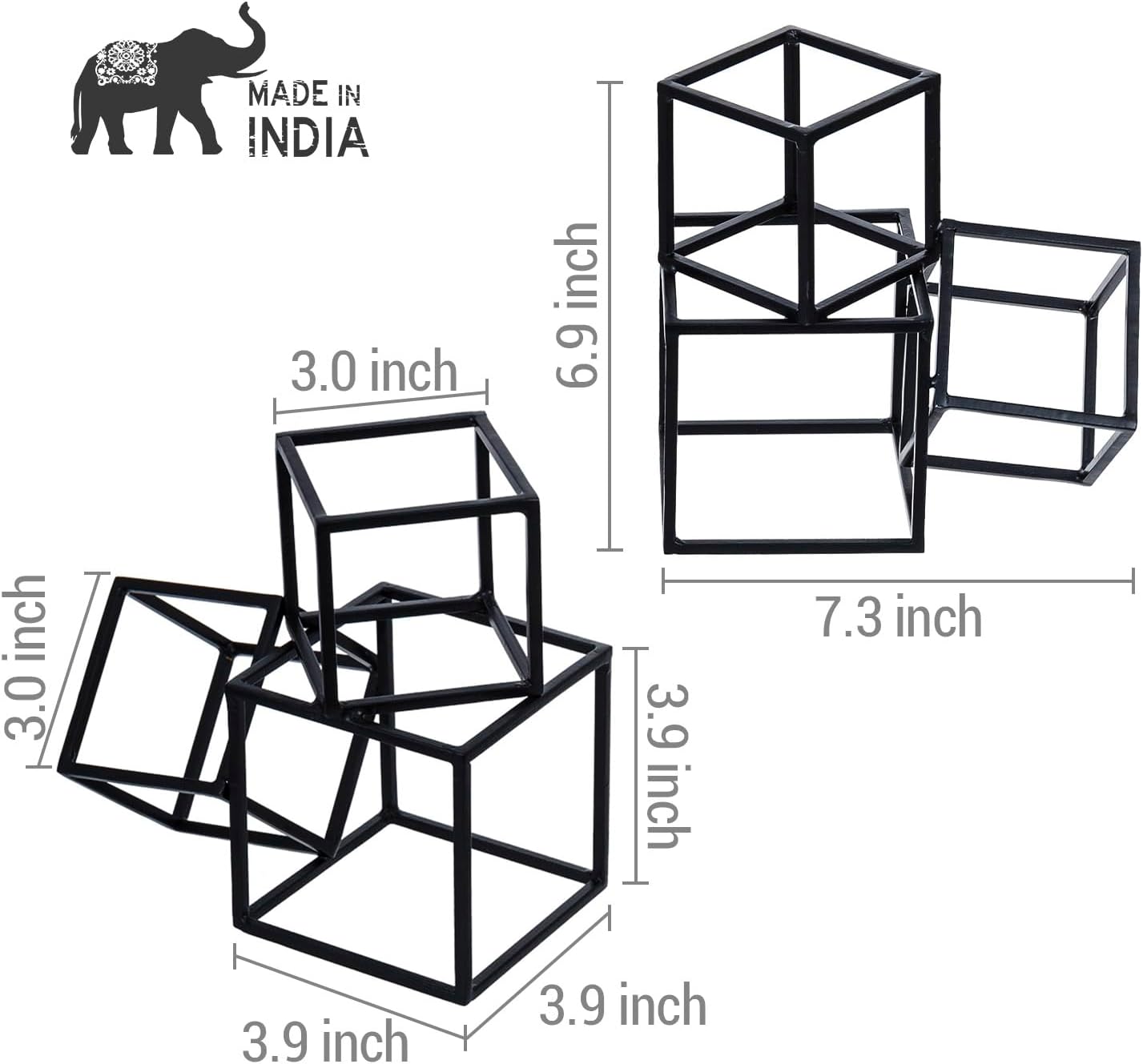 MyGift Modern Black Metal Geometric Bookends, Decorative Book Ends Stands for Home Library Bookshelf Office Desk, 1 Pair, Handcrafted in India, 3 Cube Frame Design