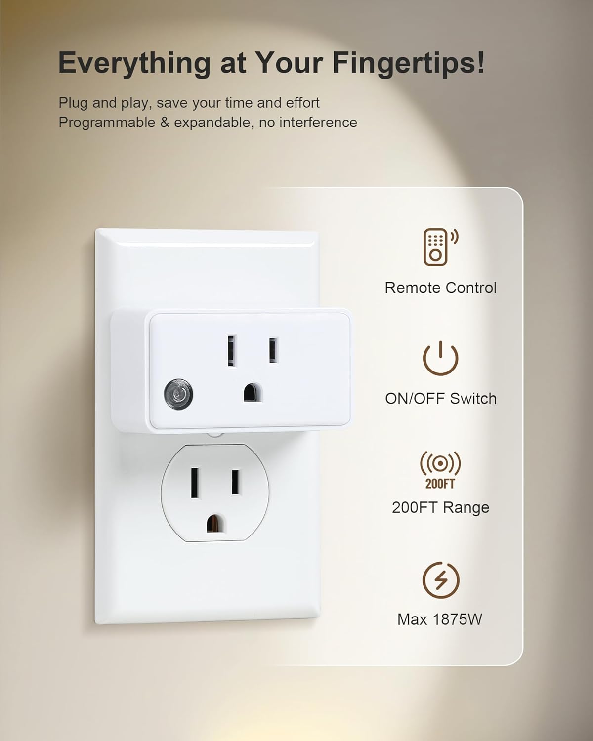 Remote Control Outlet, 200FT Long Range Wireless Light Switch, Mini Remote Outlet Plug, 15A/1875W High-Power for Lamps, Lights, Household Appliances, FCC & ETL Listed (5 Outlets + 2 Remotes)