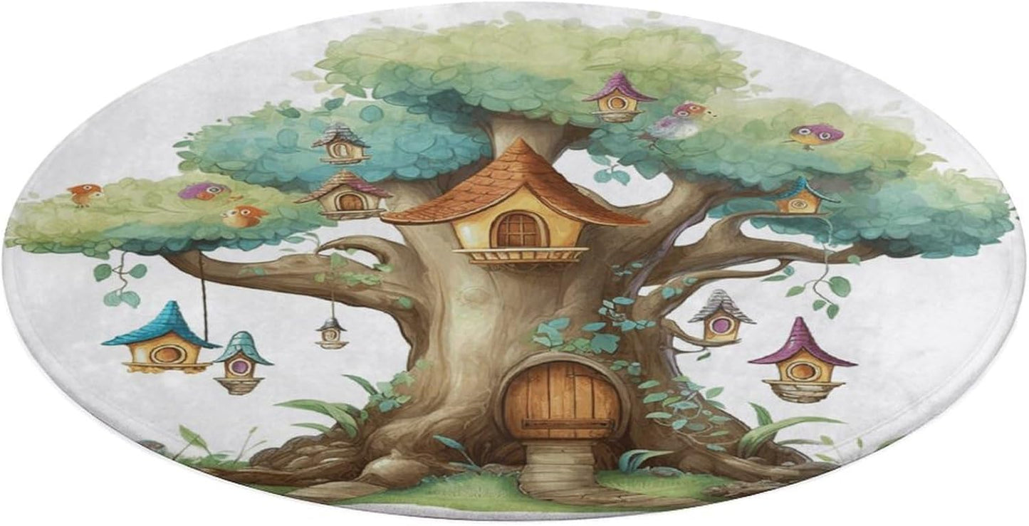 Cute Fairy Tree Circle Rug Retro Luxury Coral Velvet Floor Mat Non Slip Soft Indoor Floor Carpet Comfy Thickened Area Rugs Modern Aesthetic Minimalist Carpets for Home Decor