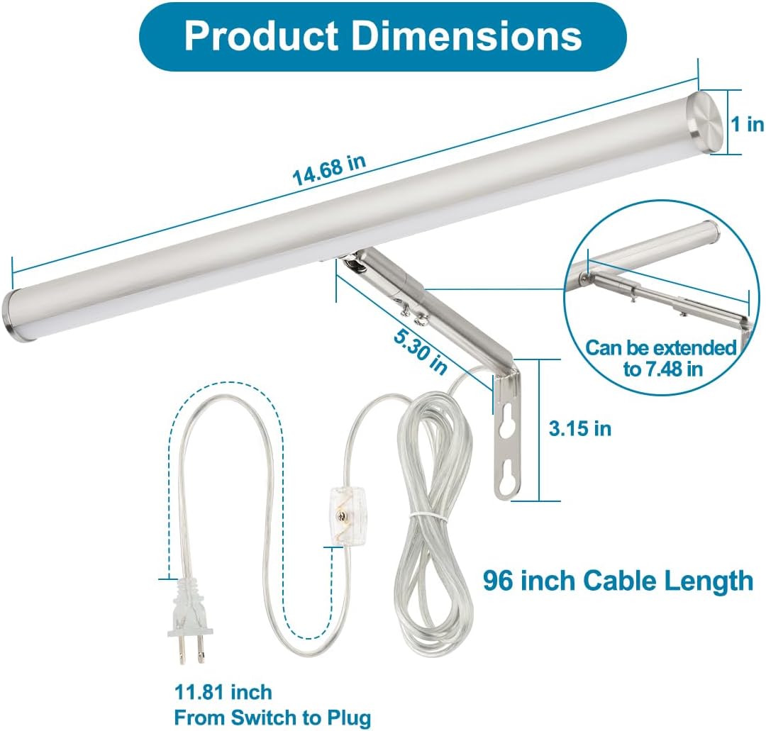 LED Picture Lights for Paintings Plug in, 14 inch 4W Adjustable Art Light Gallery Wall Light for Display Art Work, Brushed Nickel Finish, CRI90+, 3000K Warm White, ETL Listed