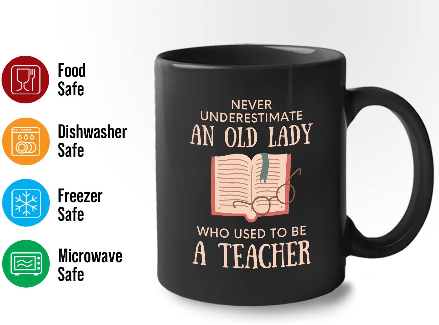Bubble Hugs Book Lover Coffee Mug 11oz Black - Never Underestimate Old Lady - Reading Reader Grandma Retired Teacher Book Lover Bookish Novelist Librarian Writer