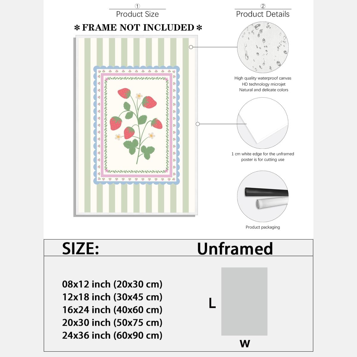 Cute Strawberry Wall Art Vintage Botanical Canvas Poster Farmhouse Soft Pastel Colors Striped Strawberry Print for Kitchen Dining Room Nursery Cottagecore Aesthetic Home Decor 12x18inch Unframed