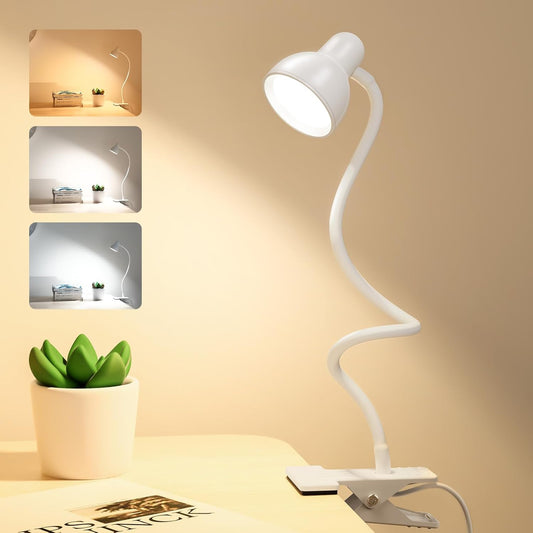 Clip on Lamp USB Reading Light, 3 Color Modes, 10 Brightness Dimmable, 360° Flexible Desk Lamp with Clamp, Eye Care Clip on Light for Bed Desk Headboard Home Dorm White