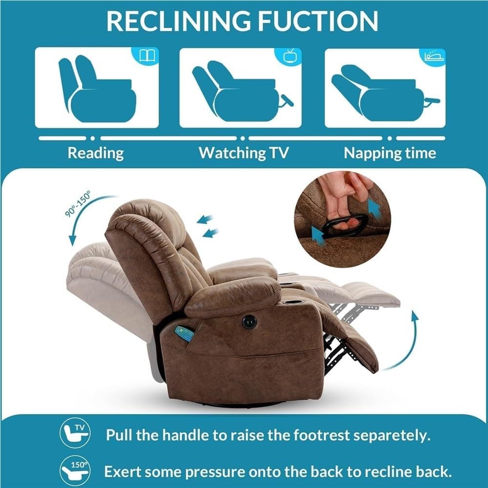 Power Swivel Glider Recliner with Lumbar Heating & Massage, Large Electric Rocking Chair with USB Charging, Cup Holder & Storage Pockets – Nursery-Ready Comfortable Recliner for Living Room