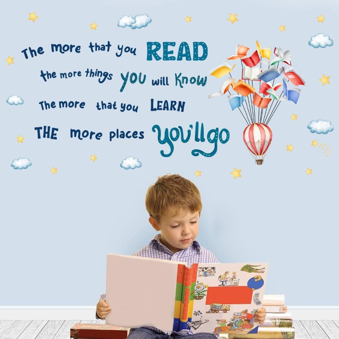 Reading Book Wall Decal,The More That You Read The More Things You Will Know Inspirational Quote Vinyl Wall Stickers, Removable Educational Reading Artwork for Classroom Office Library Decor