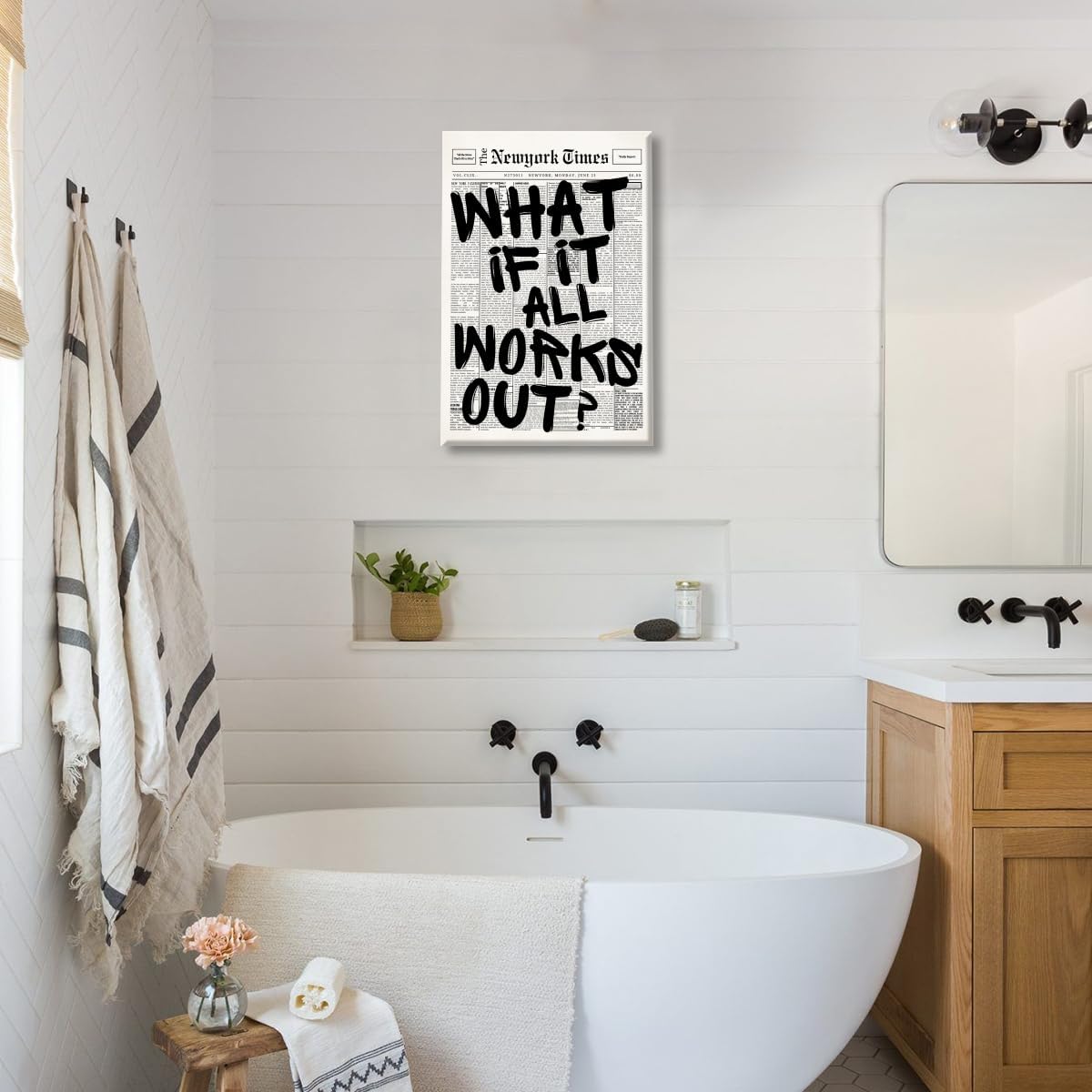 Retro Black and White Newspaper Wall Art What If It All Works Out Positive Quote Canvas Print Trendy Apartment Aesthetic Poster Preppy Affirmation Painting For Bathroom Decor 12x18inch Unframed
