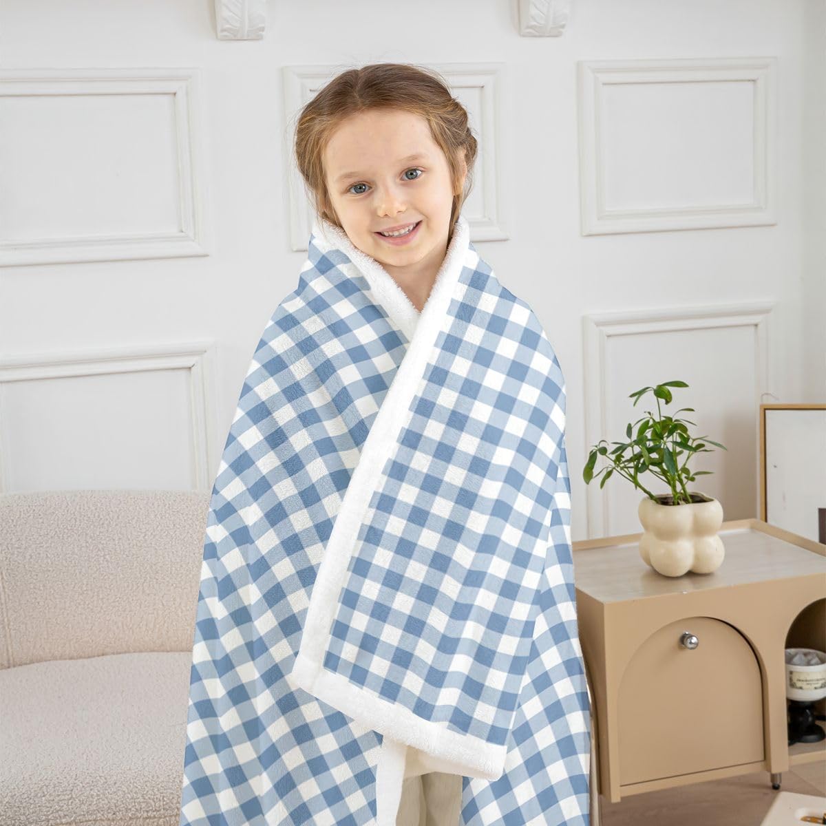Feelyou White Blue Gingham Sherpa Throw Blanket for Couch Modern Style Plaid Super Soft Cozy Fleece Grid Checkered Blanket for Winter, Plush Throw Throw 50"x60" All Season