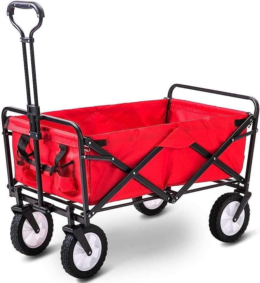 Handcart, Garden Trolley Foldable Cart Heavy Duty Festival Trolley Pull Wagon Truck Transport Cart with Brake Wheels,60 Kg /132 Pounds Capacity/C:Red
