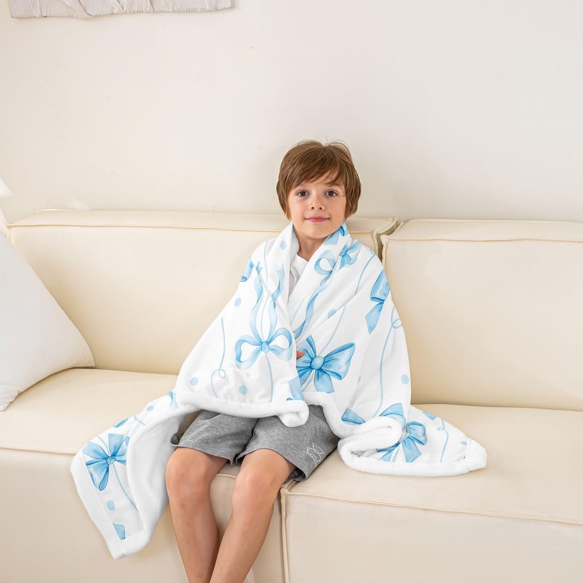 Feelyou Girls Bow Throw Blanket Blue Bowknot Soft Fleece Sherpa Cozy Fuzzy Plush Warm Bow Knot Accent Fuzzy Plush Throw Elegant Girly Design Baby 30"x40" Cute for Bed Couch Living Room