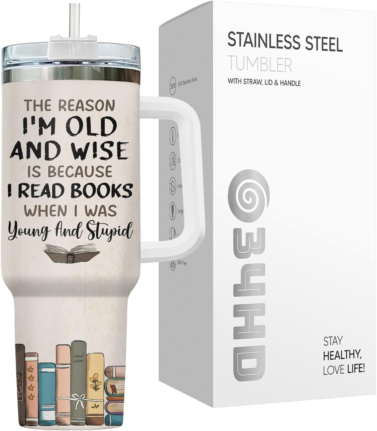 34HD Cat Book Tumbler 40oz with Handle Lid and Straw, Funny Once Upon a Time Girl Loves Bookish Items Vacuum Insulated Travel Mug, Birthday & Mother's Day Gifts for Pet Lovers & Him Her