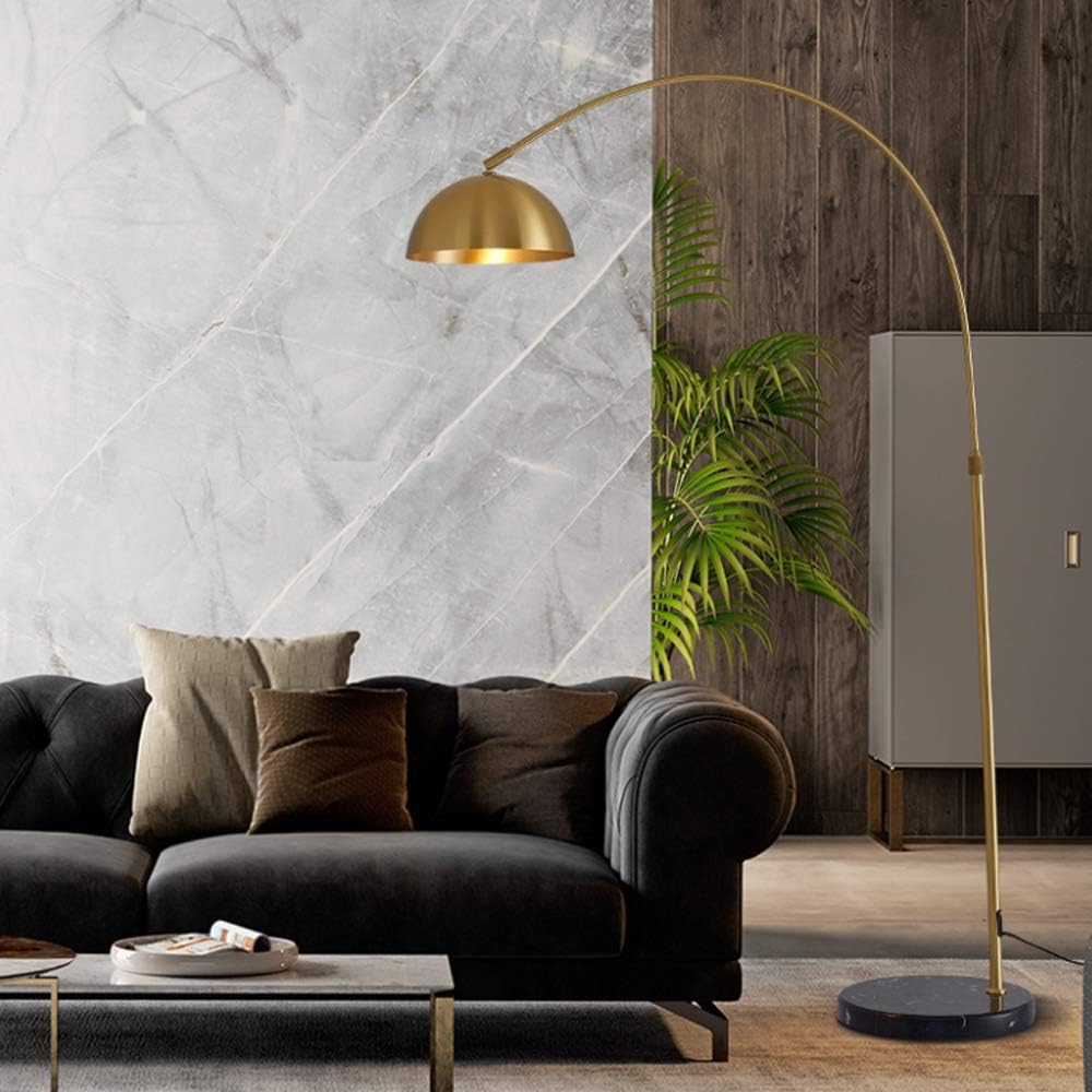 Arched Floor Lamp Marble Base Nordic Simple Standing Floor Lights Metal Copper Finish Curved Floor Light Reading Light Height Adjustable with Marble Holder for Living Room Bedroom Beside E27