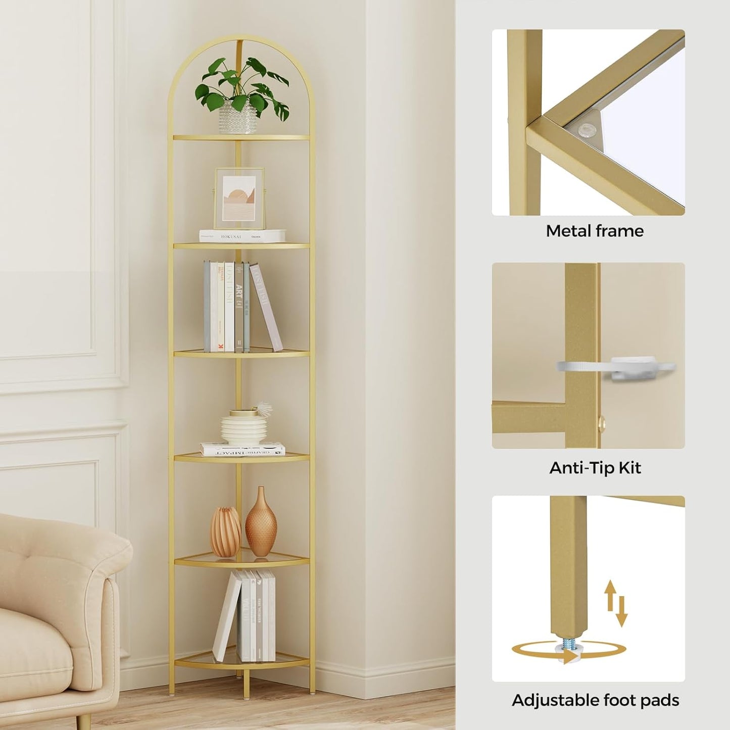 Homhedy 6-Tier Corner Shelf Stand, Metal Corner Bookshelf, Tempered Glass Shelves, Bathroom Storage Rack Shelf, Plant Stand, Modern Style, Golden