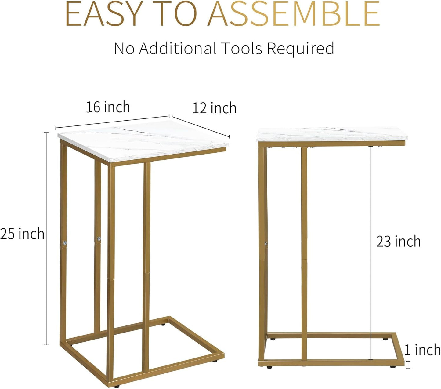 C Shaped End Table Set of 2, Small Side Table for Sofa and Bed, Couch Tables That Slide Under, Snack Side Table for Living Room, Bedroom, White Faux Marble and Gold