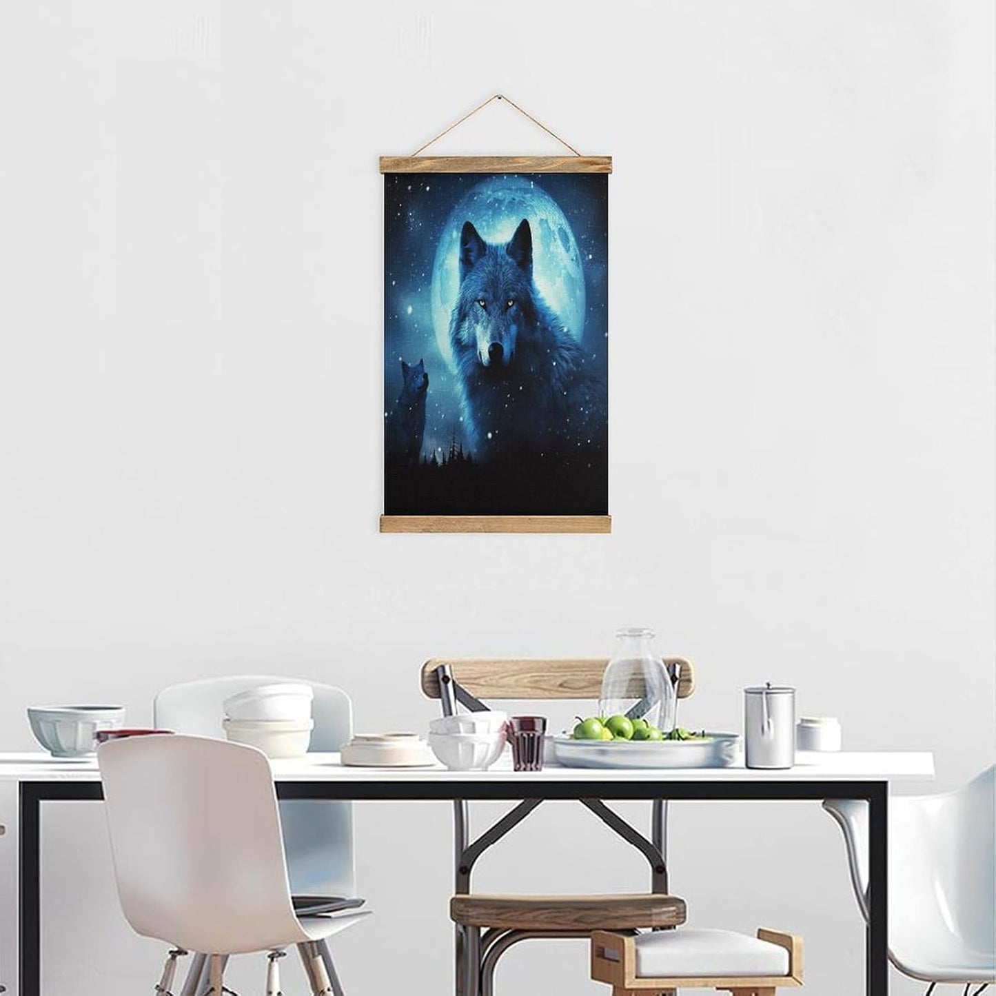 Vintage Wolfs Poster with Wooden Frame Personalized Linen Hanging Scroll Painting Rustic Wall Hanging Illustrative Modern Artwork Decor for Home Living Room Bedroom Office