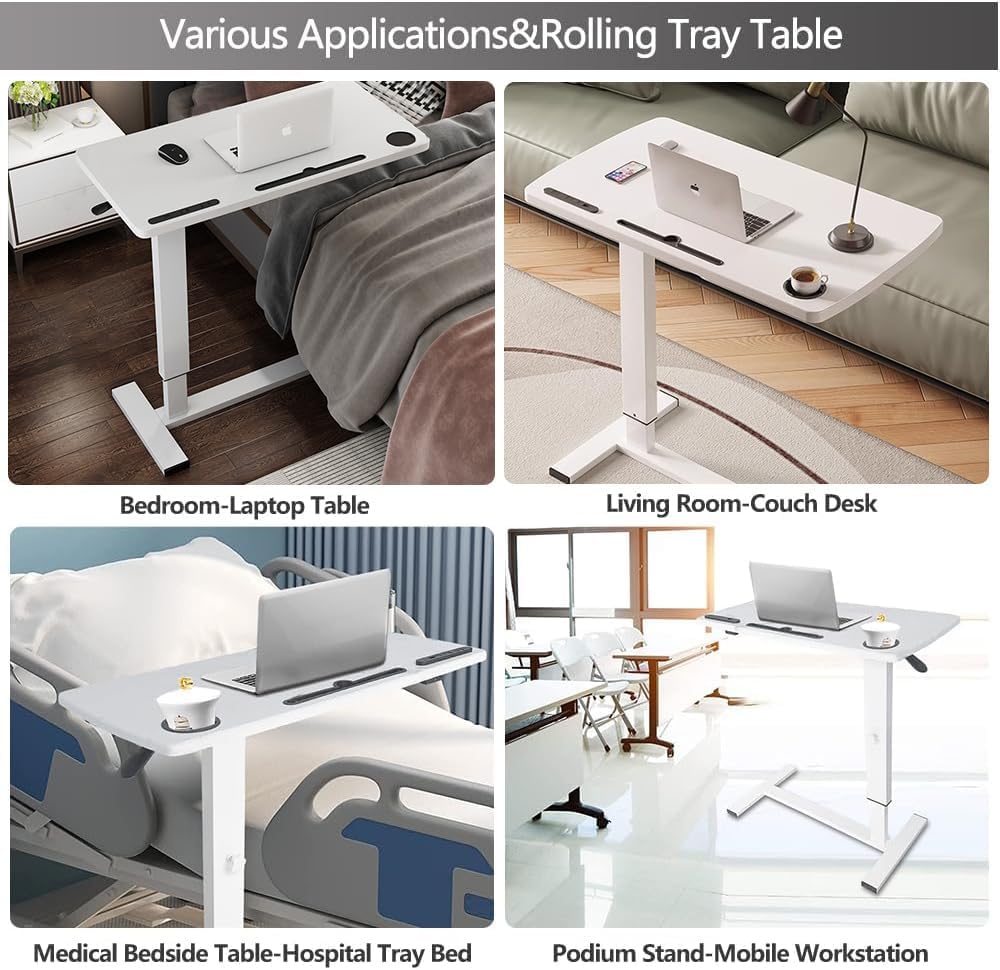 Overbed Table,Hospital Bed Table,Pneumatic Bedside Table Adjustable Over The Bed with Hidden Wheels&USB,Mobile Laptop Cart&Rolling Tray Table Hospital Home Use-White1