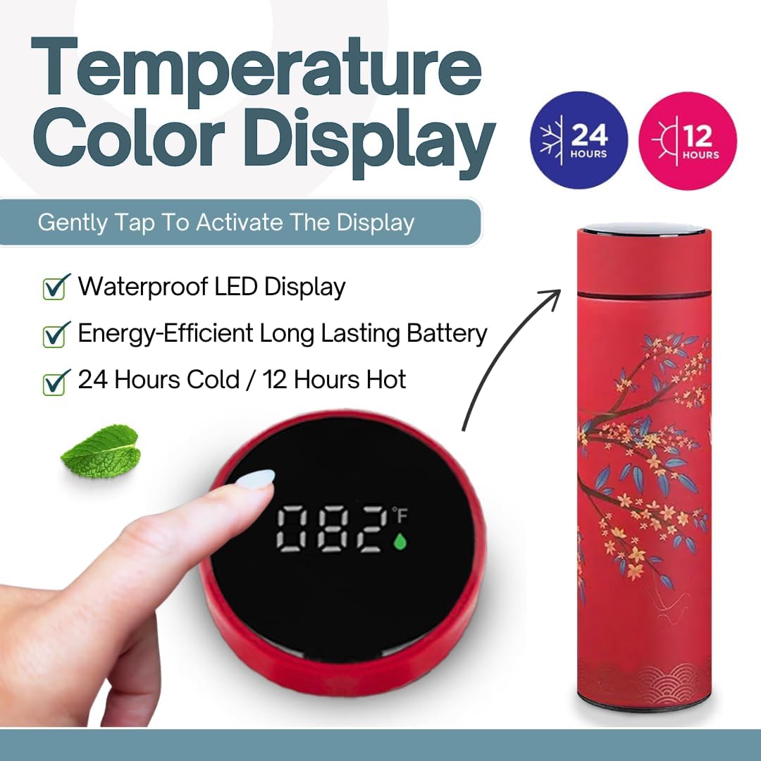 Farasi Tea Infuser for Loose Leaf Tea Smart Water Bottle with Fahrenheit Temperature Display, Stainless Steel Insulated Coffee and Fruit Tea Infuser Bottle - Red Floral Travel Tea Mug 15 oz