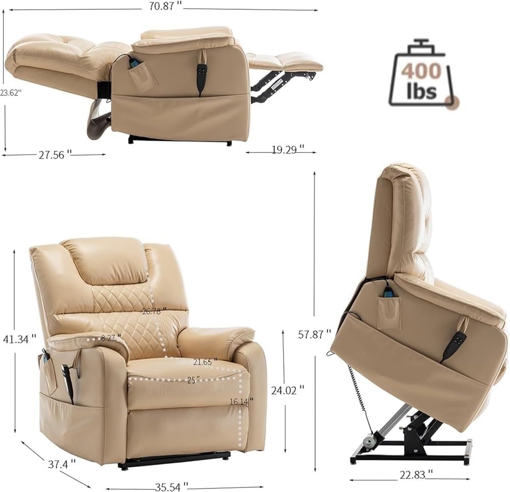 Dual Motor Electric Oversized Lift Recliner Chair with Heat and Massage Heavy Duty Lay Flat 180 Degree Power Reclining Sofa Chairs for Elderly Living Room