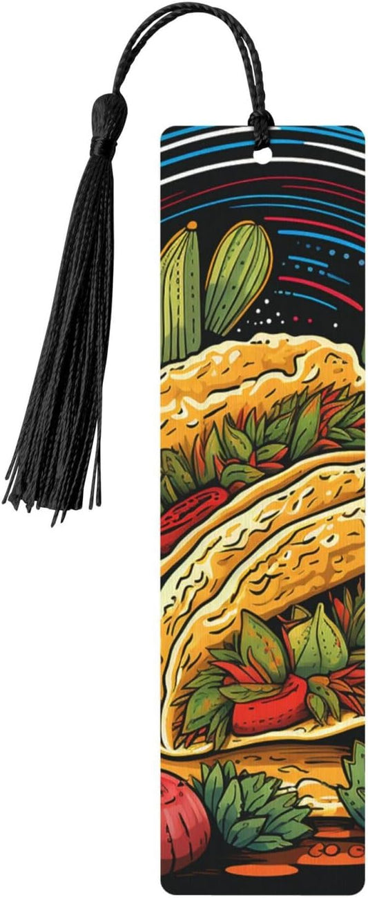 Tacos Bookmarks Gifts for Women Men, Wooden Bookmarks for Book Lovers, Vintage Book Marks Ornaments with Tassel, Unique Personalized Reading Page Markers Black