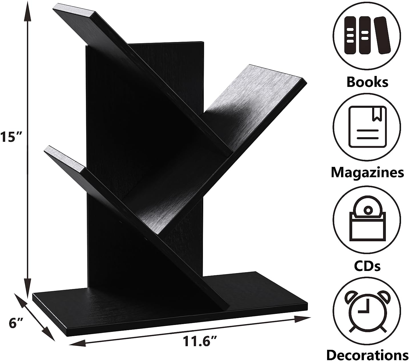 R RUISHENG 3 Tier Small Tree Bookshelf Storage Organizer Shelves Floor Standing Bookcase Desk Wood Storage Rack for Home Office Living Room Bedroom Display for Book Magazine CD Manga Black