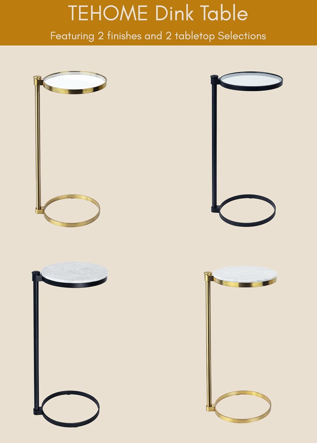 TEHOME Gold Glass Drink Table Metal Martini Round Small Drink Side Table for Couch Tempered Glass C Shaped End Table for Sofa 10" diam,24.55" h