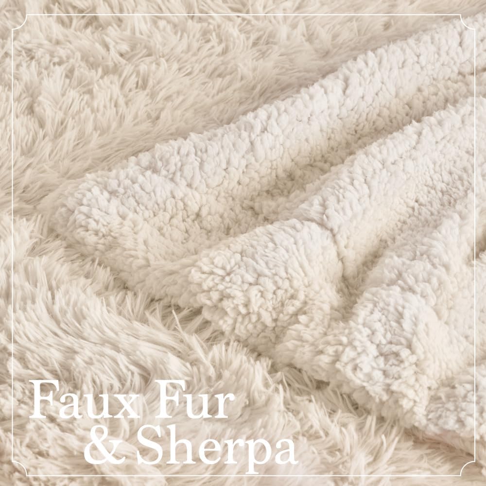 The Connecticut Home Co Throw Blanket Soft Fluffy Room Decor, Cozy Warm Throws for Bed, Couch, Gifts for Women, Bedroom Cute Aesthetic Blankets Shag and Sherpa, 65x50, Cream