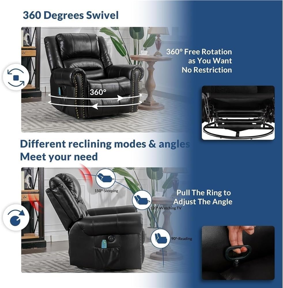Manual Swivel Rocker Recliner with Heat & Massage – Modern Reclining Lounge Chair with USB Charging, Side Storage Pockets, Smooth Gliding Motion, Ideal for Living Room, Nursery, and Reading Nook