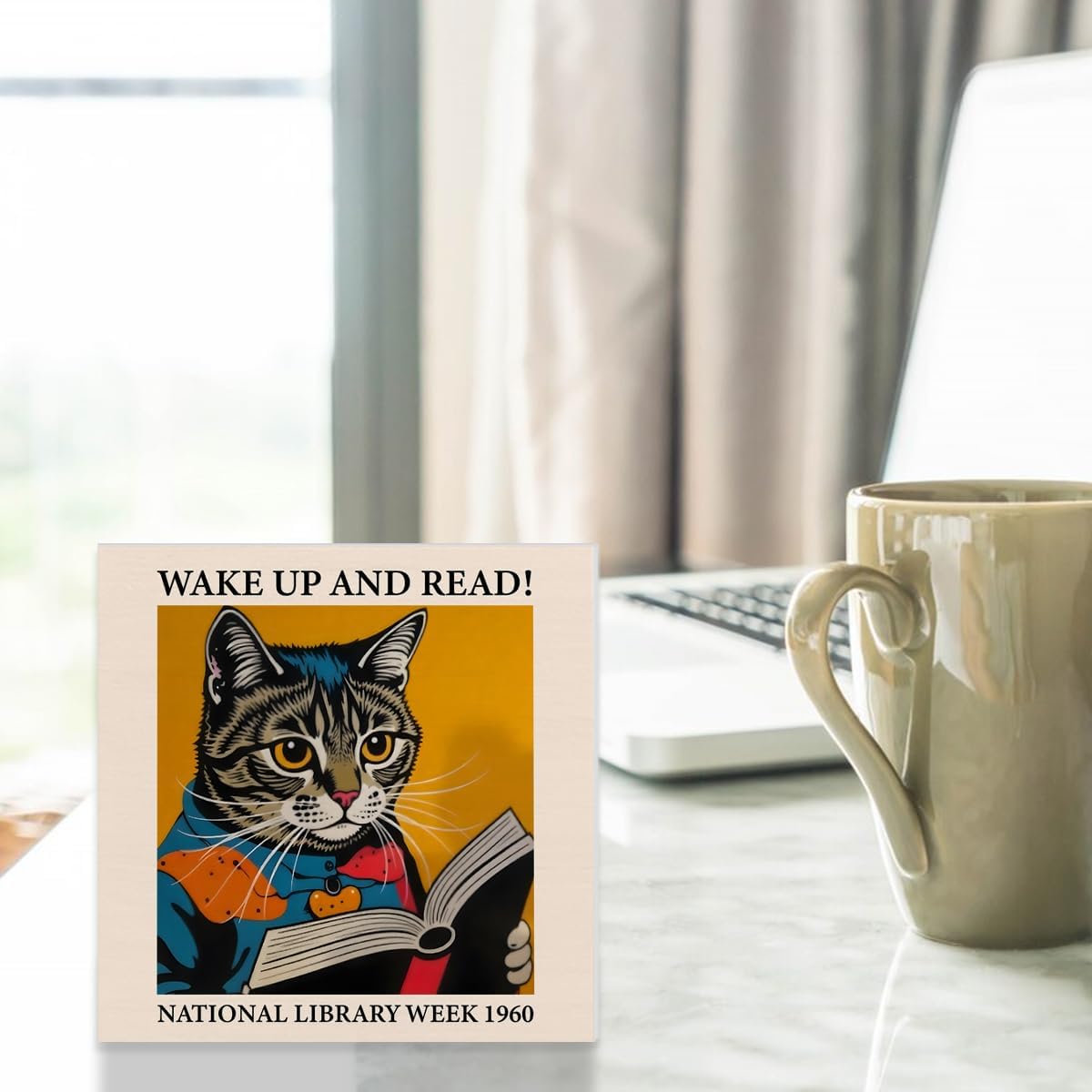 Cat Reading Sign Decor Wake Up and Read Wood Block Sign Inspiring Home Desk Table Shelf Decoration Reader Gift