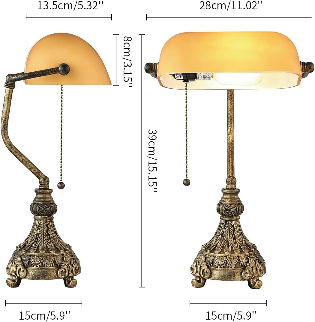 Newrays Vintage Amber Glass Bankers Desk Lamp for Home Office,Library with Pull Chain Switch Plug in Fixture, LED Bulb Included
