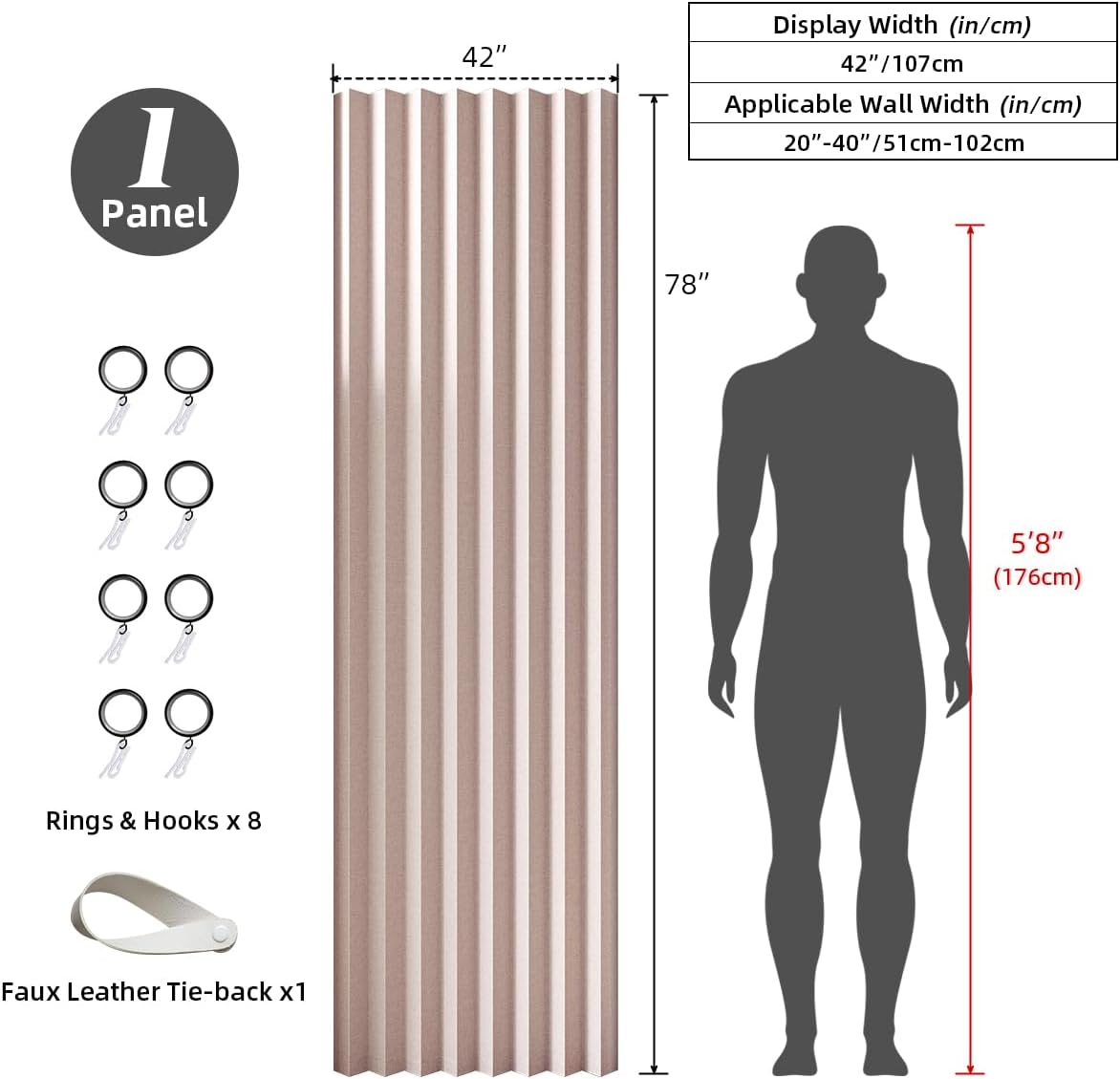 Treatmentex Folding Pink Blackout Pleated Curtains with Hooks, Accordion Style Closet Door Curtains, Wall Drapes, Room Divider, 42" W x 78" L 1 Panel