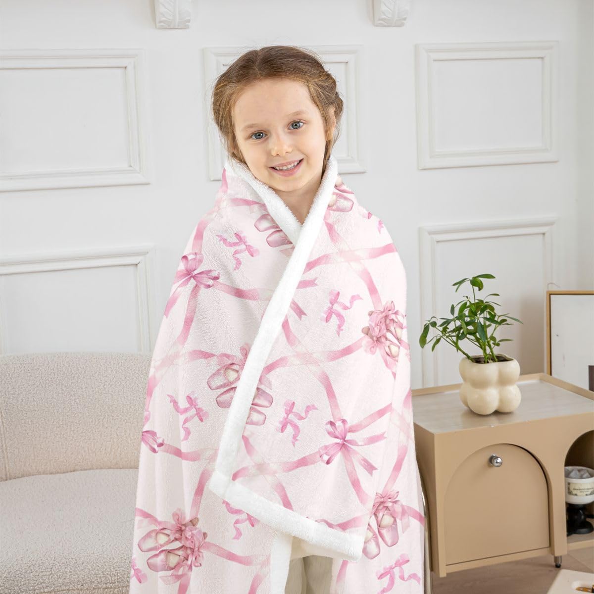 Feelyou Cute Pink Ballet Bow Throw Blanket Princess Bowknot Soft Fleece Sherpa Cozy Fuzzy Plush Warm Ribbon Bow Knot Fuzzy Plush Throw Baby 30"x40" for Bed Couch Living Room