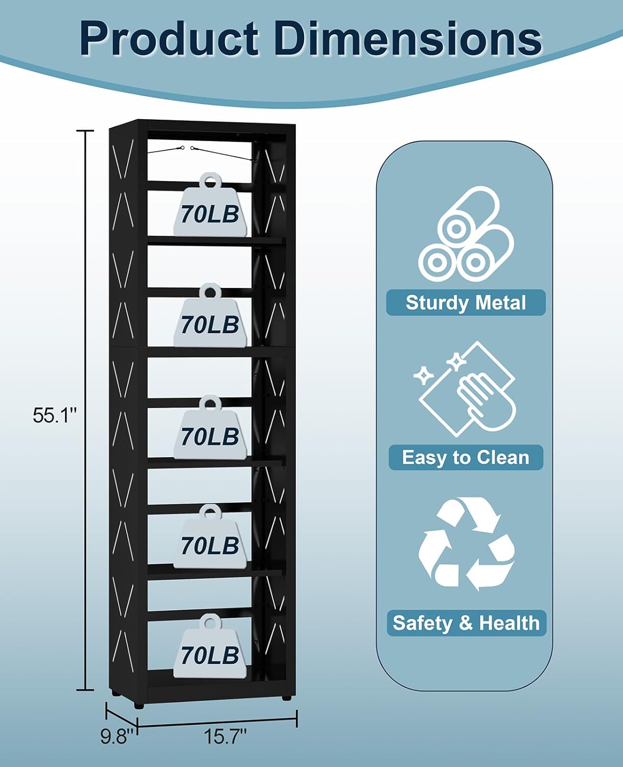 5-Tier Bookshelf, Metal Bookcase with Adjustable Shelves for Home Office, Kitchen and Garage, Modern Corner Tall Shelves with Anti-Tip Kit & Leveling Feet, Heavy-Duty Display Storage Organizer (Black)