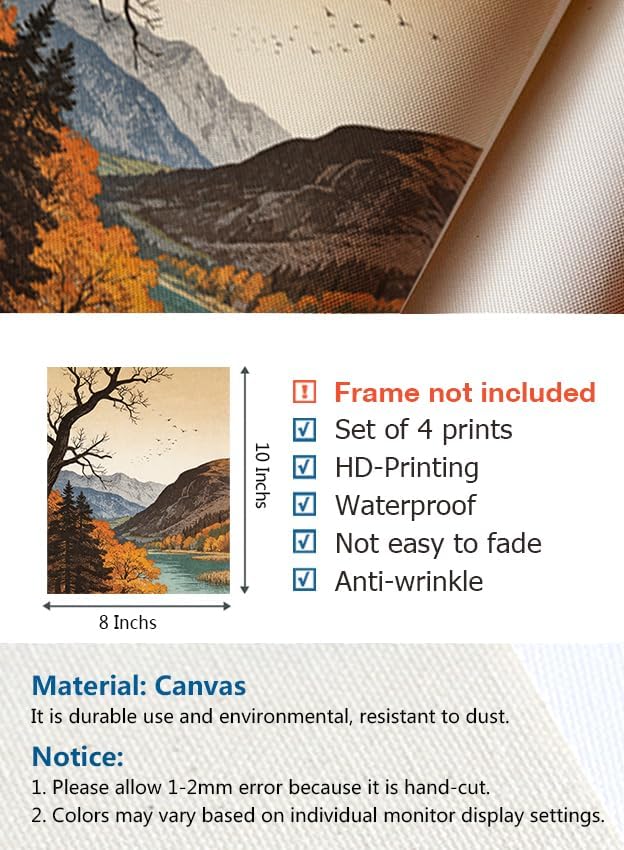 heshengzaixian Autumn Mountain Lake Landscape Prints, Vintage Japanese Woodblock Style Wall Art Poster, Nature Forest Scene Decor Canvas Artwork for Home Office, Nature Lover Gift,8x10 In Unframed