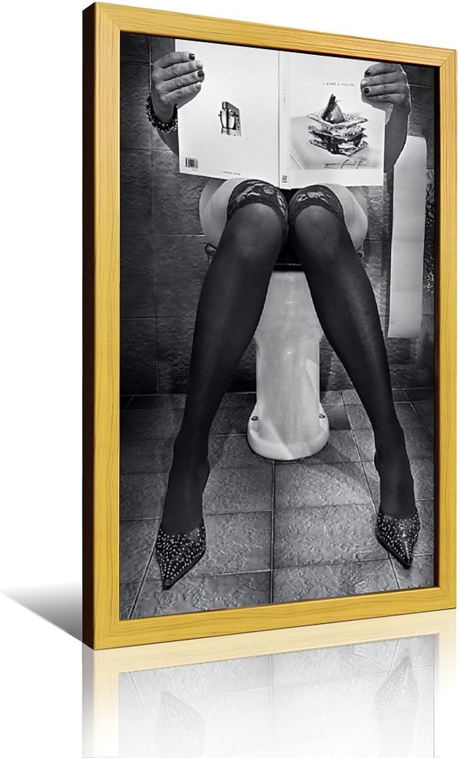Rucatto Woman Reading Newspaper in Toilet Painting Art Poster Wall Art Paintings Canvas Wall Decor Home Decor Living Room Decor Aesthetic 08x12inch(20x30cm) Wooden Frame-style