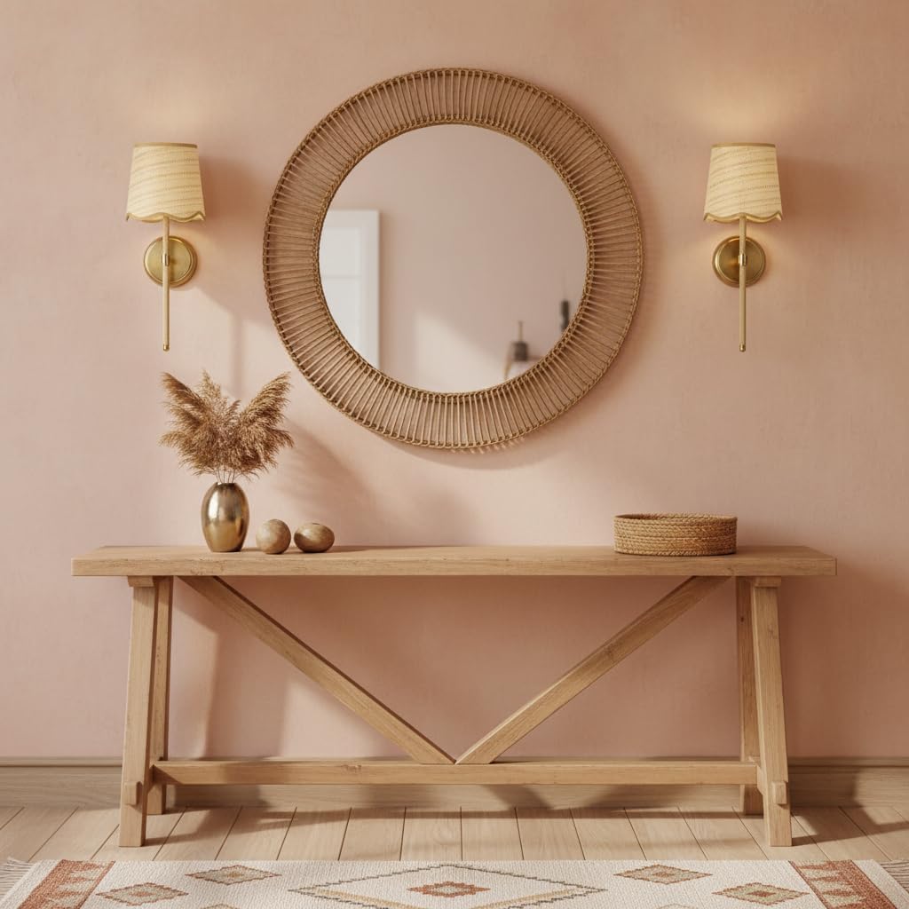 Battery Operated Boho Vintage Wall Sconce Set of 2, Stepless Dimming Rattan Magnetic Wall Lamp, 5200mAh Rechargeable Battery and Integrated LED, for Living Room Bedroom Hallway Corridor