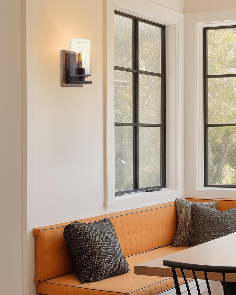 Kira Home Sedona 9" Modern Rustic Wall Sconce + Seeded Glass Cylinder Shade, Oil Rubbed Bronze + Wood Style Walnut Finish