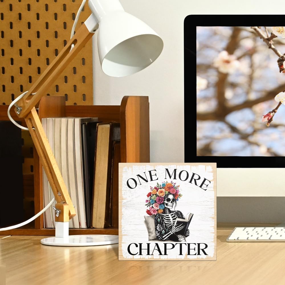 One More Chapter Wooden Box Sign, Funny Skeleton Decor for Home Office Bathroom, Halloween Decor Gifts for Bookworm Nerd, Book Lover Gifts for Reader Librarian Women Men, Reading Nook Sign