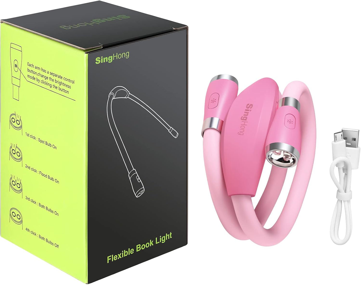 Neck Book Light, LED Reading Lamp, USB-C Rechargeable, Hands Free, 4 LED Bulbs, 4 Adjustable Brightness, for Reading in Bed or Reading in Car Lamp (Pink)