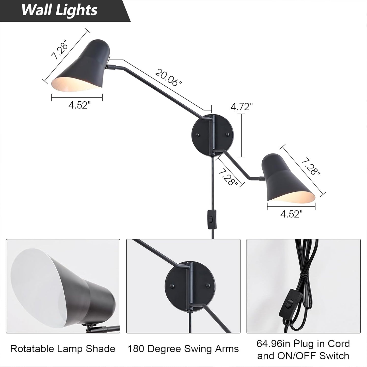 Modern 2-Lights Swing Arm Wall Sconces Black Plug in Wall Light 180° Rotatable Wall Mount Lamp with ON/Off Cord for Bedroom, Living Room, E26 Base