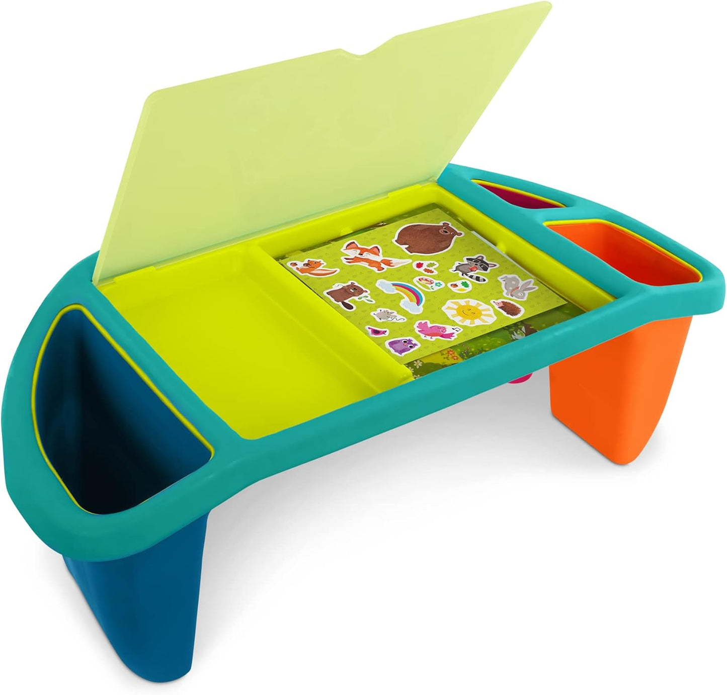 B. toys – Imagination Station – Creative Kids Lap Desk – Lap Desk for Art, Coloring, Writing – Portable Table with Storage Space – Reusable Sticker Set – 3+ Years