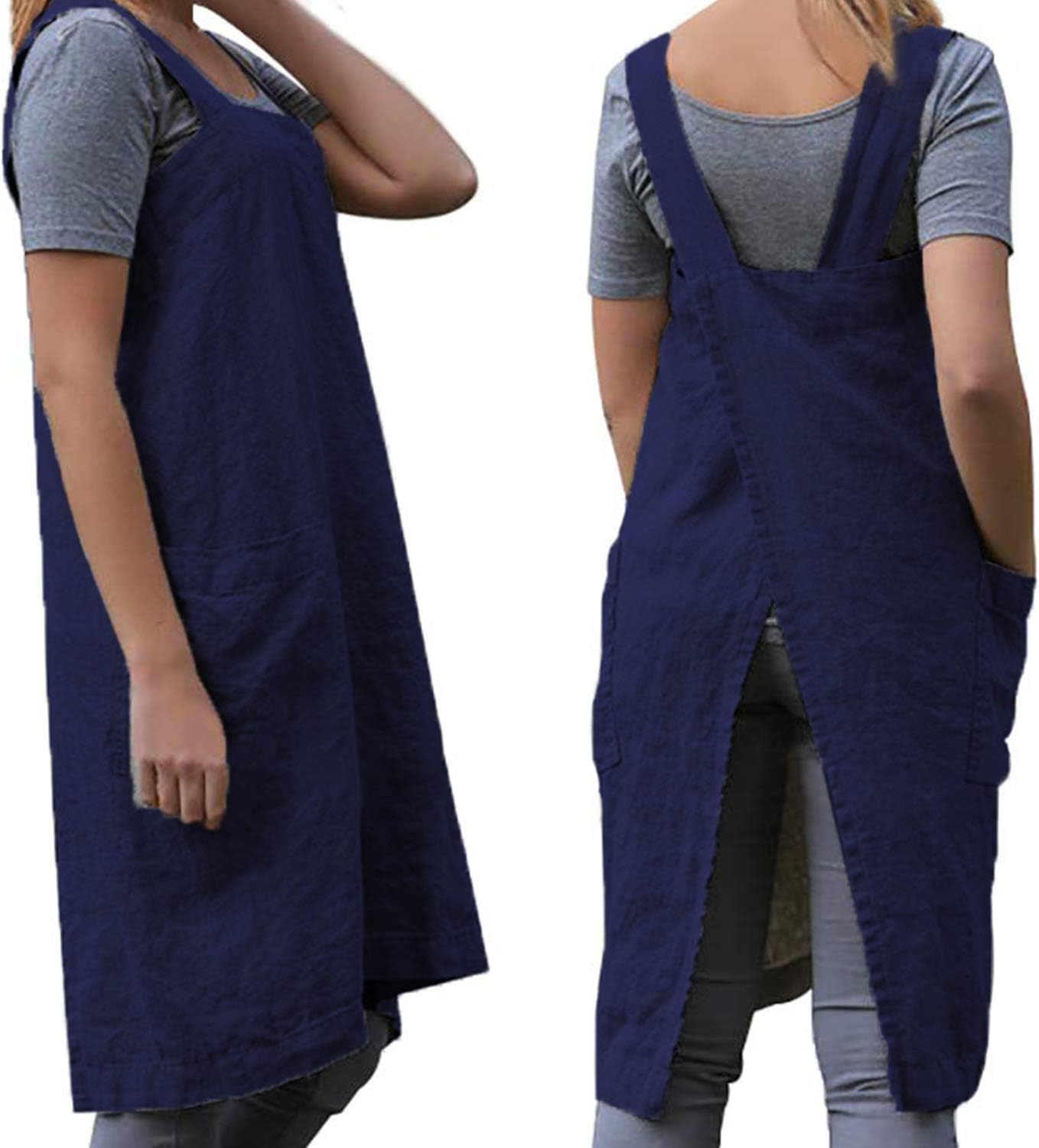 WROLEM Women's Practical Cross Back Pinafore Apron with Large Pockets Home Kitchen,Restaurant,Coffee House,Cooking,Gardening