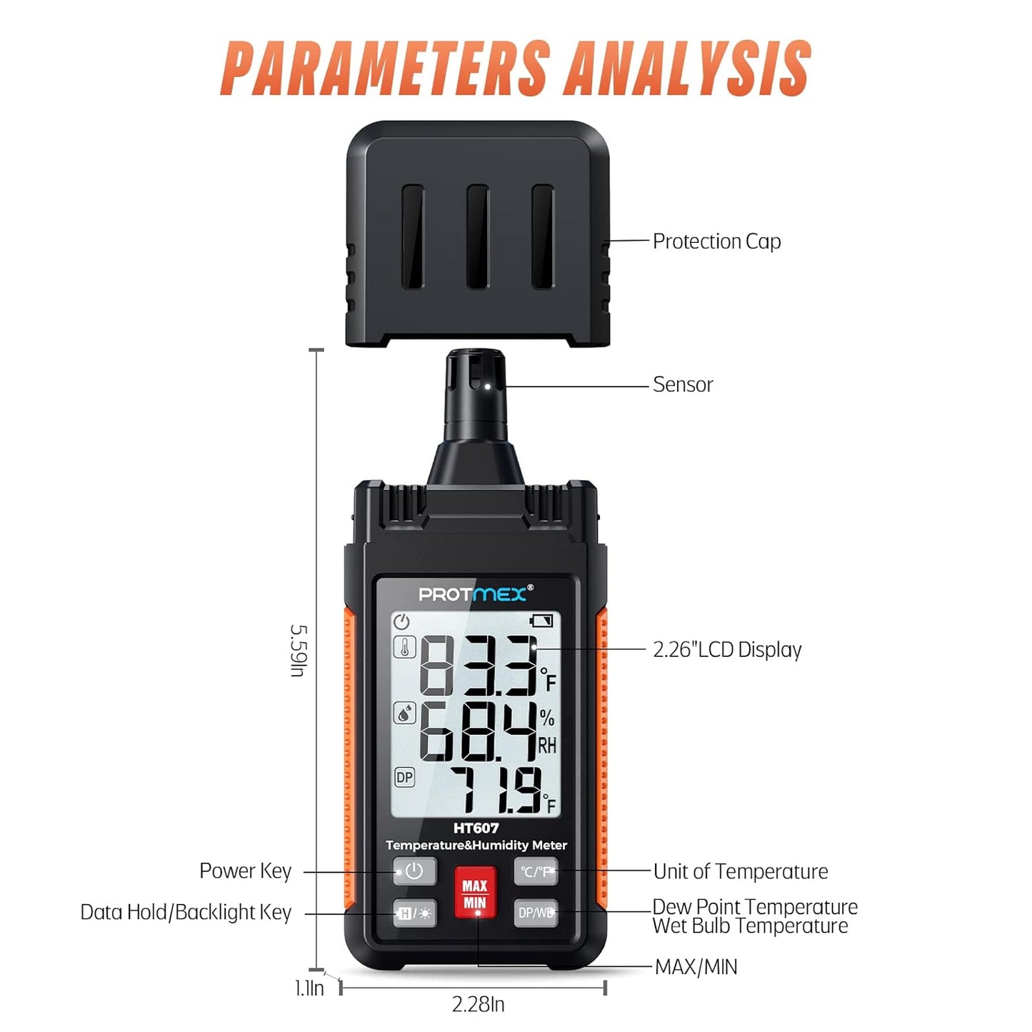 Protmex HT607 Temperature Humidity Meter High Precision Digital Hygrometer with Ambient, Relative Humidity, Dew Point, Wet Bulb Thermometer, Min/Max Hold, LCD Backlight with Cover Protector