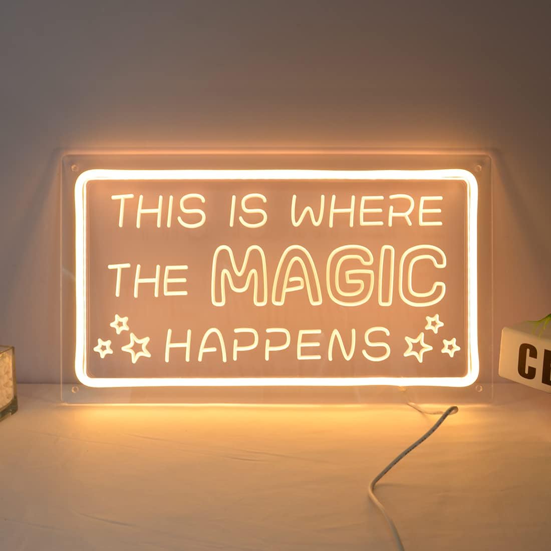 Britrio This Is Where The Magic Happens Neon Sign Light Bedroom Dorm Office Wall Decor Light Up Word Neon Sign Home Bar Club Cafe Shop Salon Man Cave Window Wedding Birthday Party Gift 5V USB Warm White