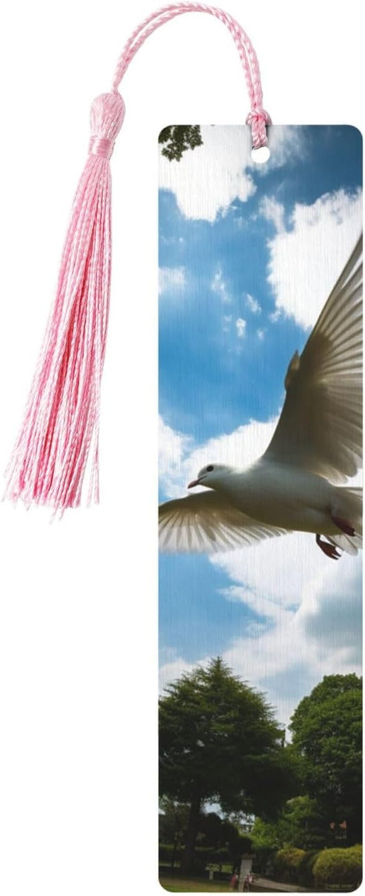 White Doves Fly Over The Park Bookmarks Gifts for Women Men, Wooden Bookmarks for Book Lovers, Vintage Book Marks Ornaments with Tassel, Unique Personalized Reading Page Markers Pink