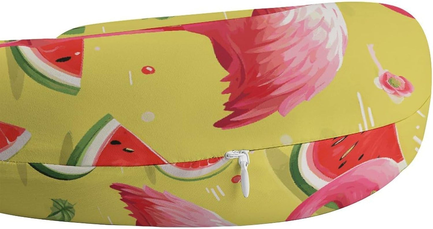 Pink Flamingo and Watermelon Neck Pillow Memory Foam U Shaped Pillows Portable Pillows for Shoulder Travel Head Support Pillow with Concealed Zipper for Airplane Car Home Office