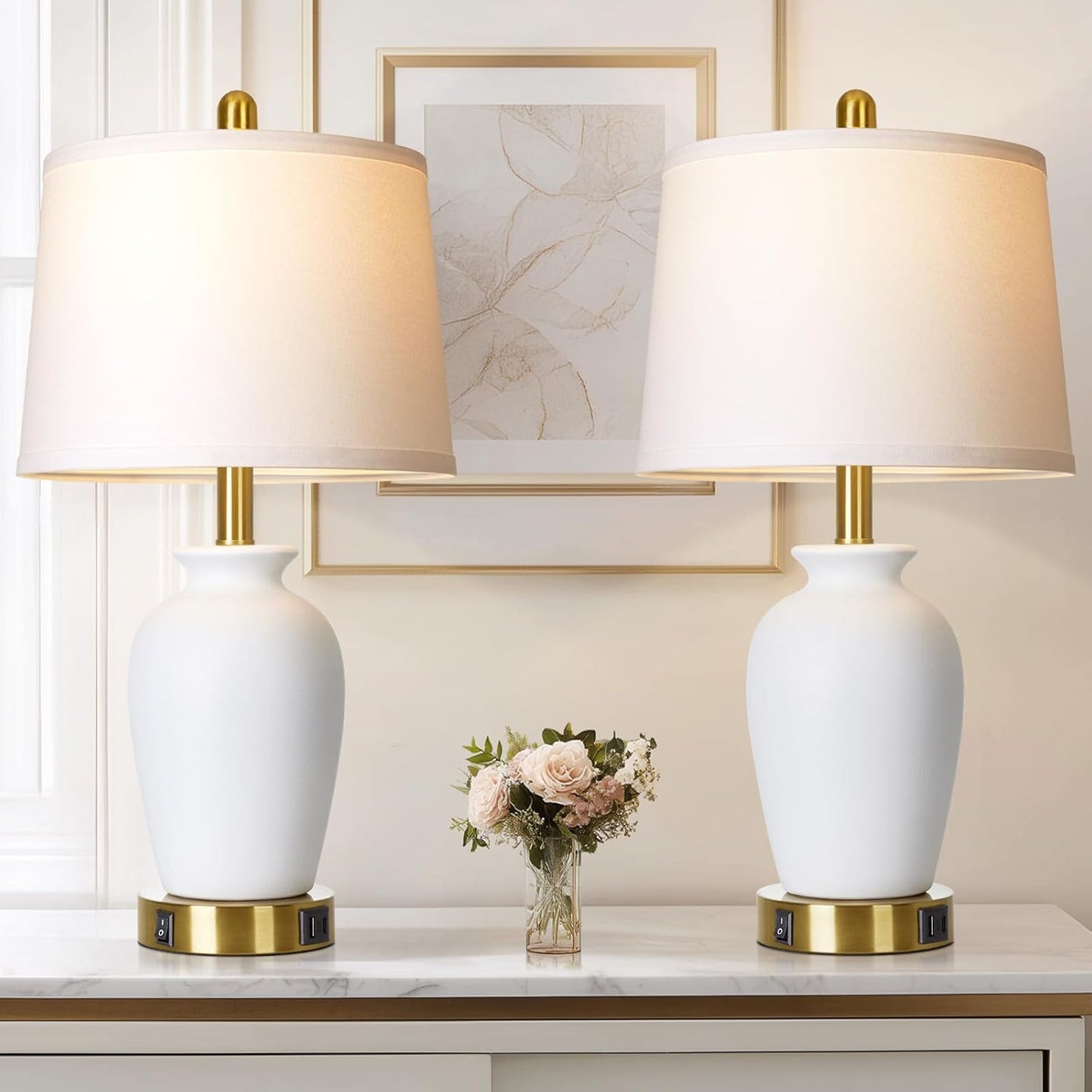 Set of 2 White Ceramic Modern Table Lamps with Ginger Jar Design - for Living Room,Dining Room,Bedroom,Office,Nightstand,End Table
